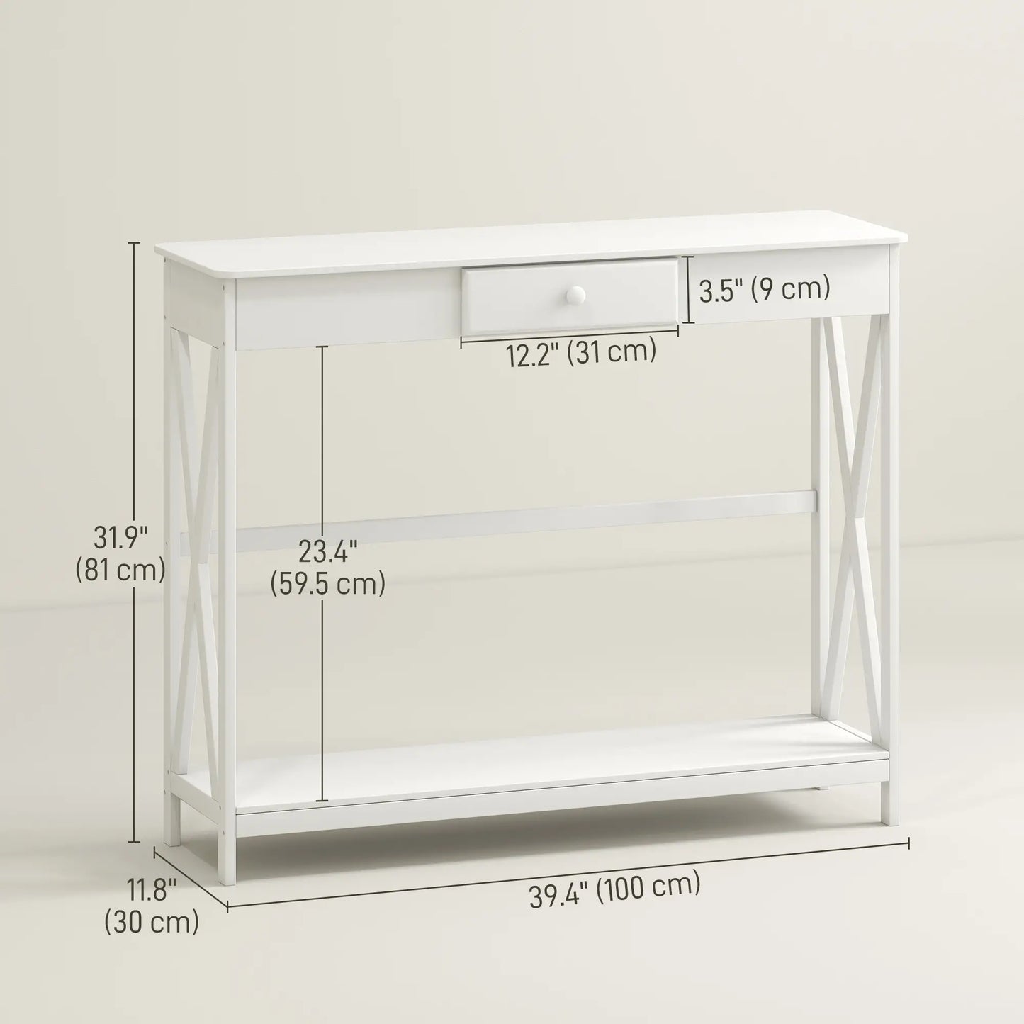 39" Console Table, 2 Tier X-Design, Narrow Entryway Table with Drawer, White Console Tables at Gallery Canada