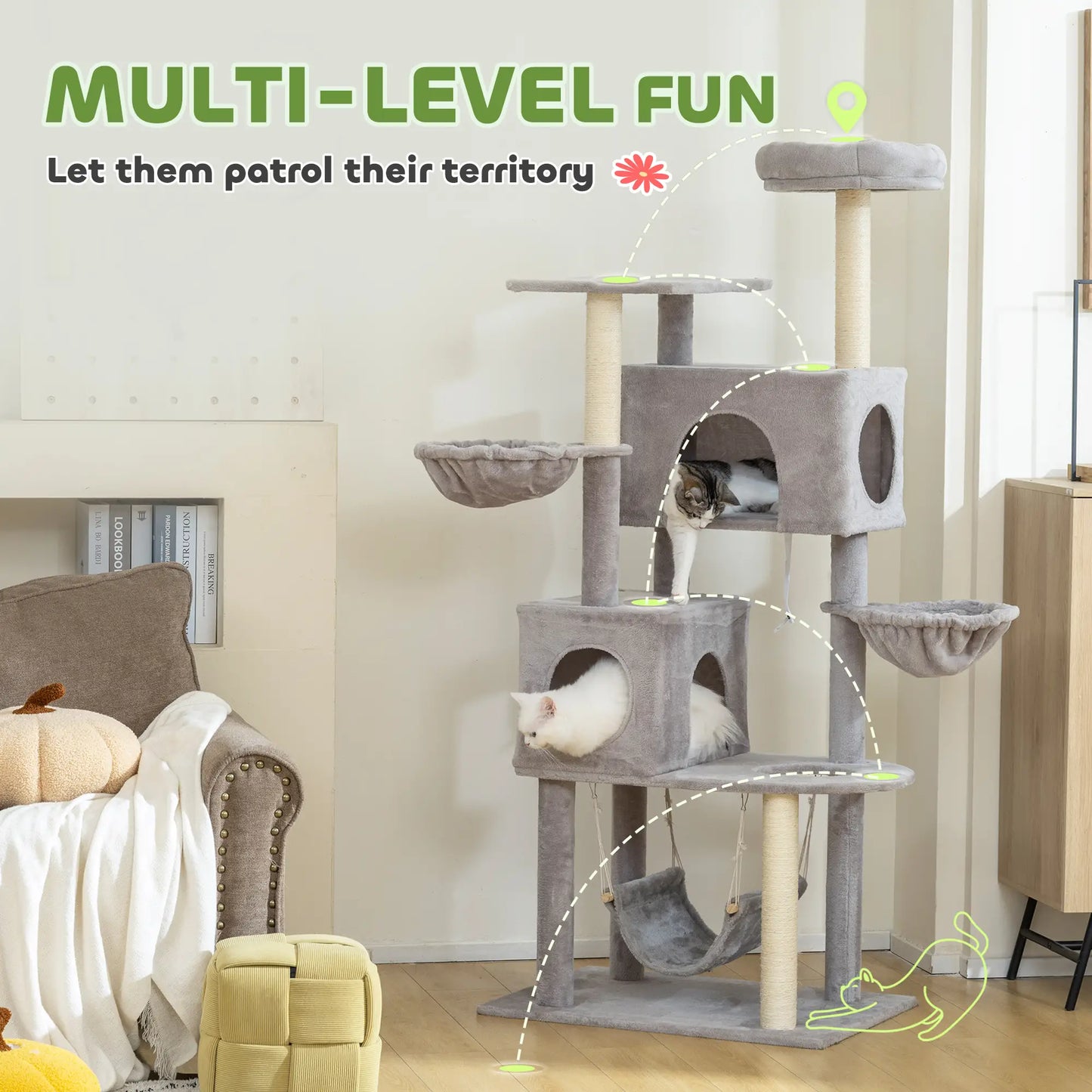 66 Inch Cat Tree with 2 Door Condos, 3 Hammocks, Perch, Scratching Posts, Light Grey Cat Trees at Gallery Canada