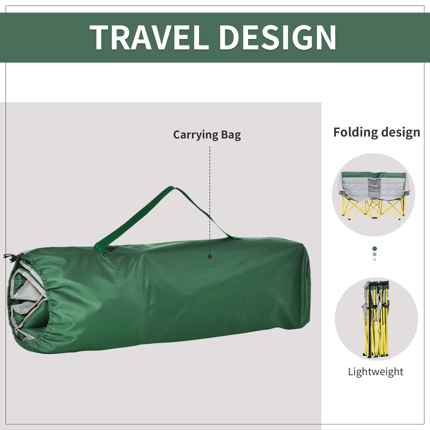 62" W Double Seat Camping Chair, Folding Lawn Loveseat, Storage Pocket, Cup Holder, Green Picnic Tables & Camping Chairs at Gallery Canada