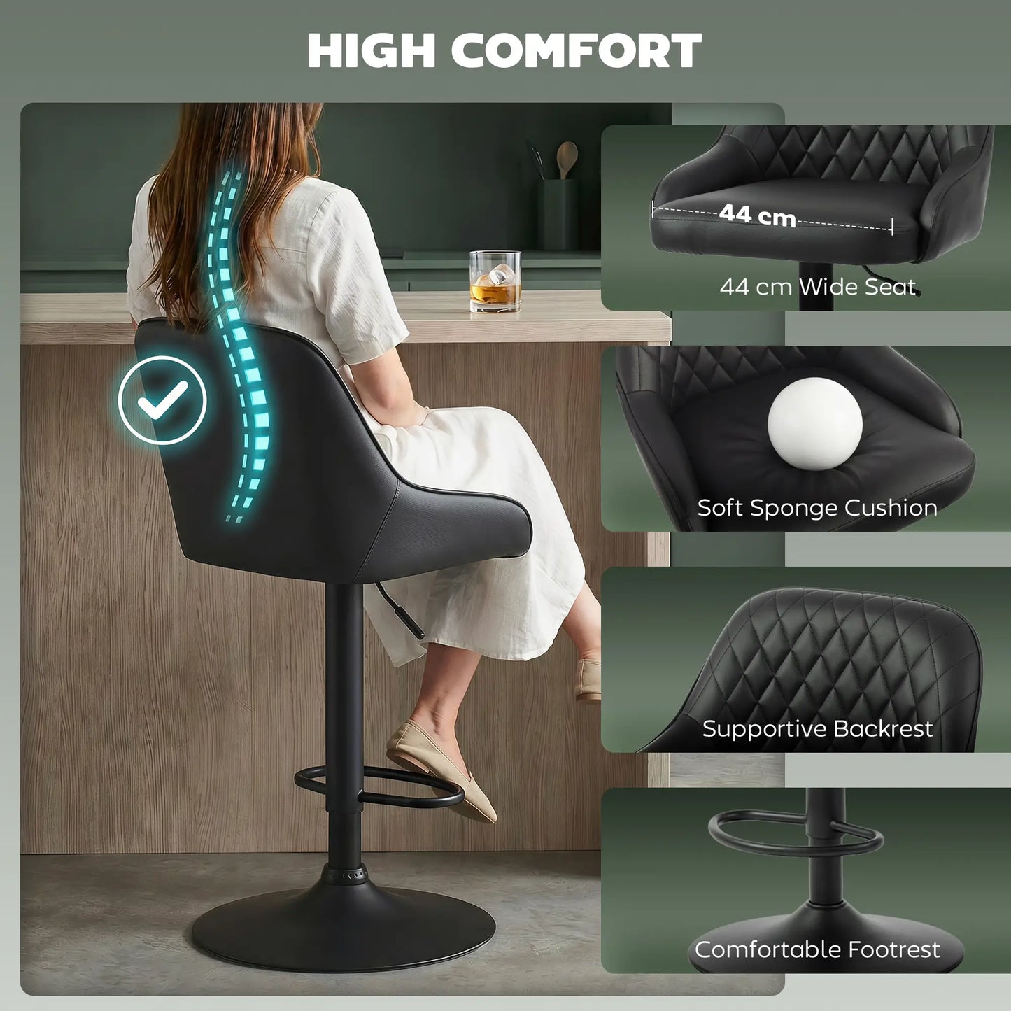 Adjustable Swivel Bar Stools With Backrest, Set Of 2, Black