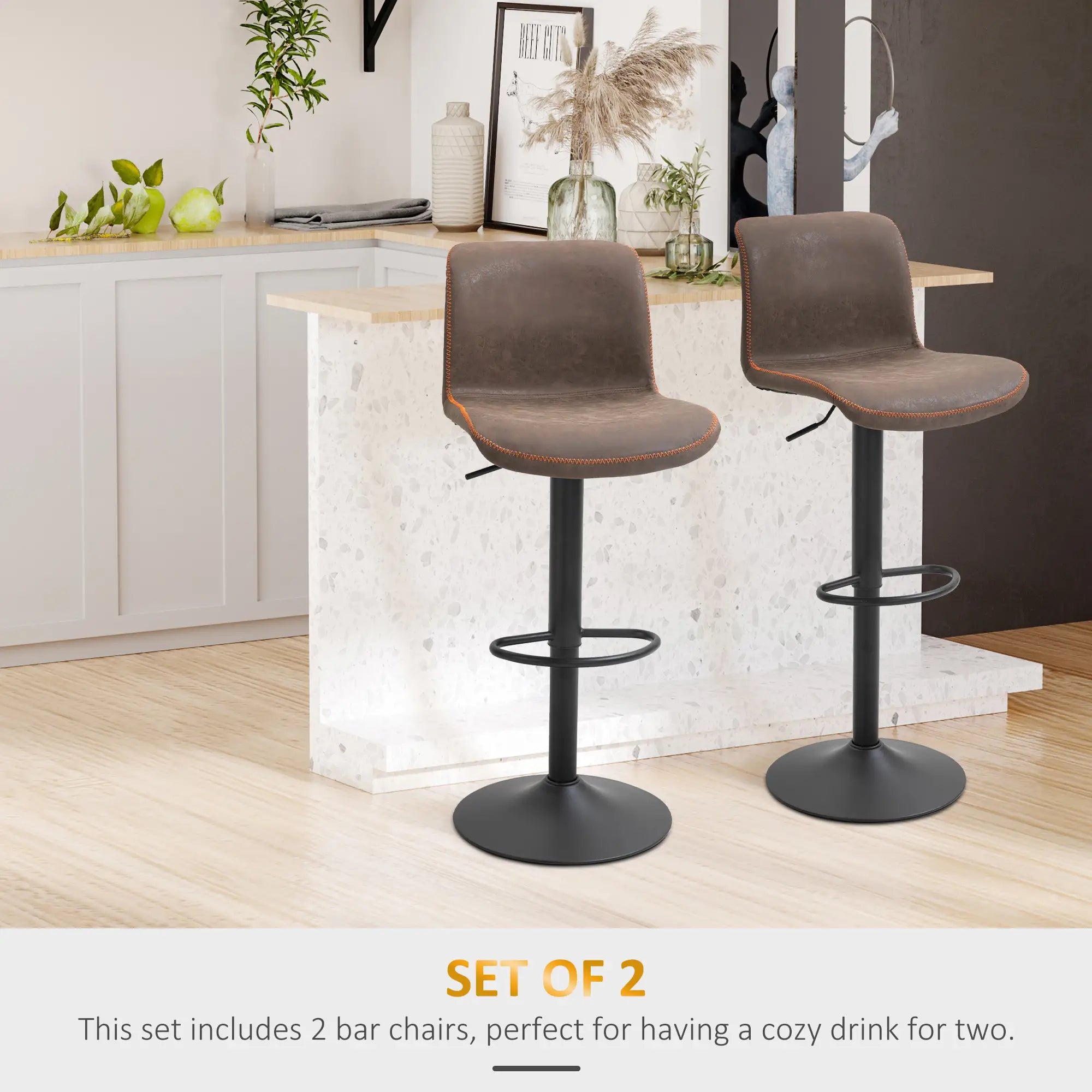 Swivel Bar Stools Set of 2, Adjustable Height, PU Leather, Brown Bar Stools at Gallery Canada