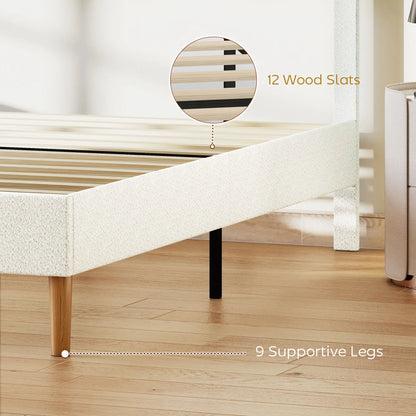 Queen Size Upholstered Platform Bed Frame, Adjustable Headboard, White