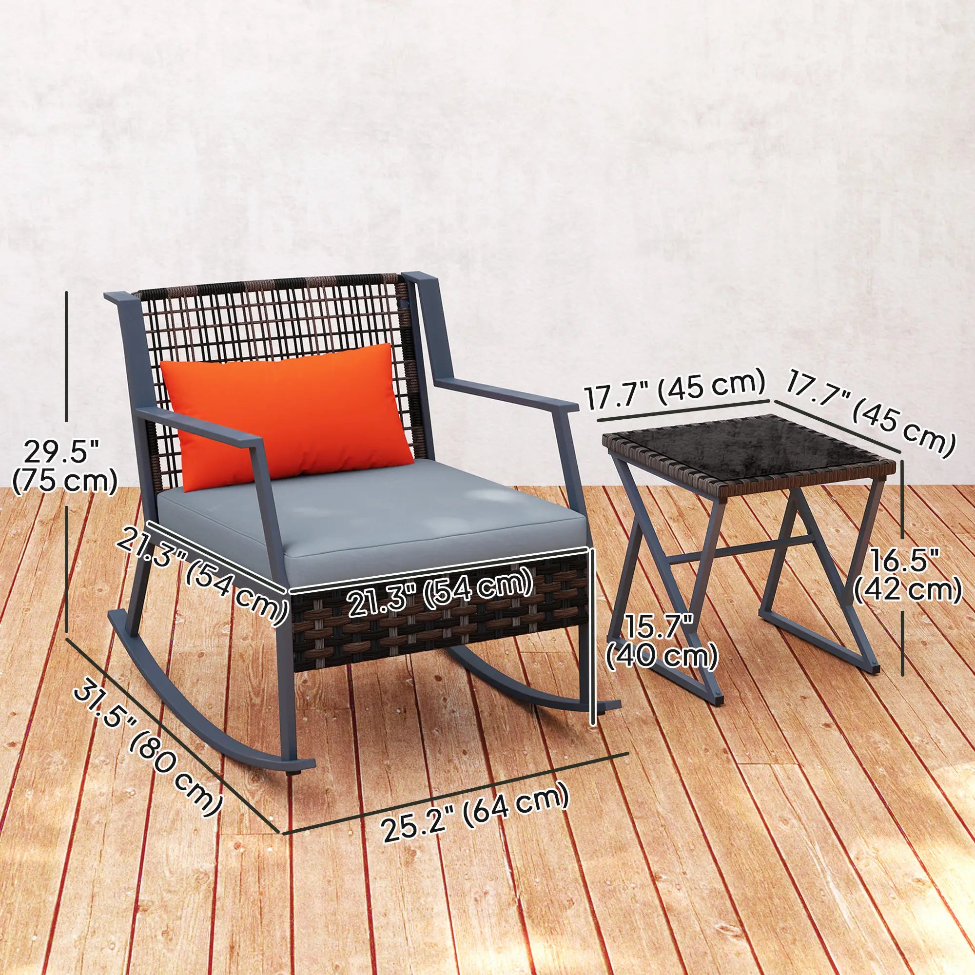 3 Pc Rocking Bistro Set, Wicker Patio Furniture with Cushions, Glass Table, Grey Outdoor Rocking Chairs at Gallery Canada
