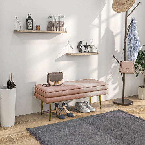 Velvet Upholstered Bench, Thick Padded Seat, Steel Legs, Pink