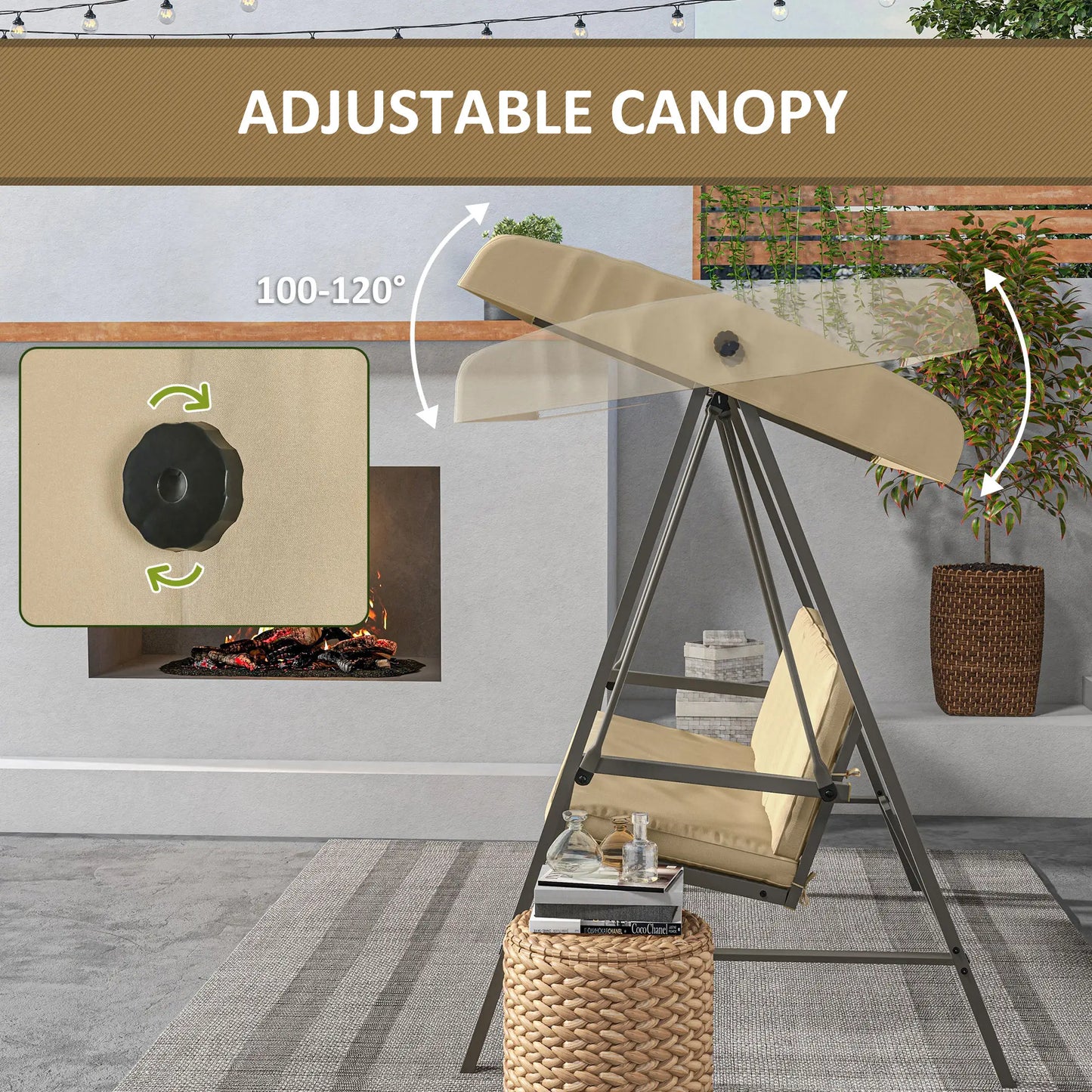 3 Seater Patio Swing Chair, Adjustable Canopy, Removable Cushions, Beige Patio Swings with Stand at Gallery Canada