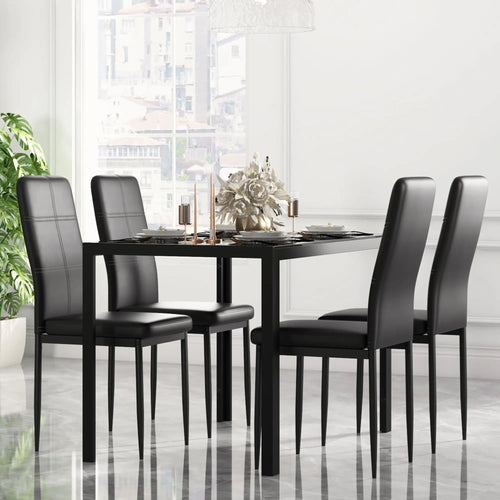 5-Piece Rectangular Glass Dining Table, Metal Frame, Faux Leather Chairs, Black