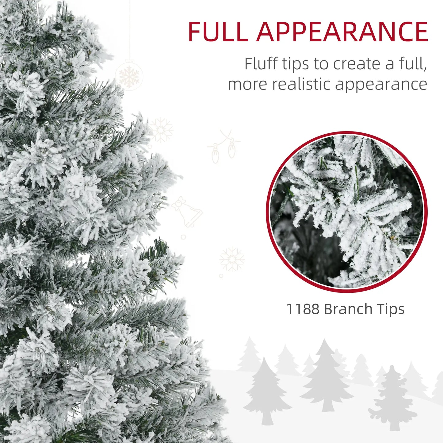 7.5ft Prelit Artificial Christmas Tree, Snow Flocked, Metal Base, Warm White LED Pre Lit Christmas Trees at Gallery Canada