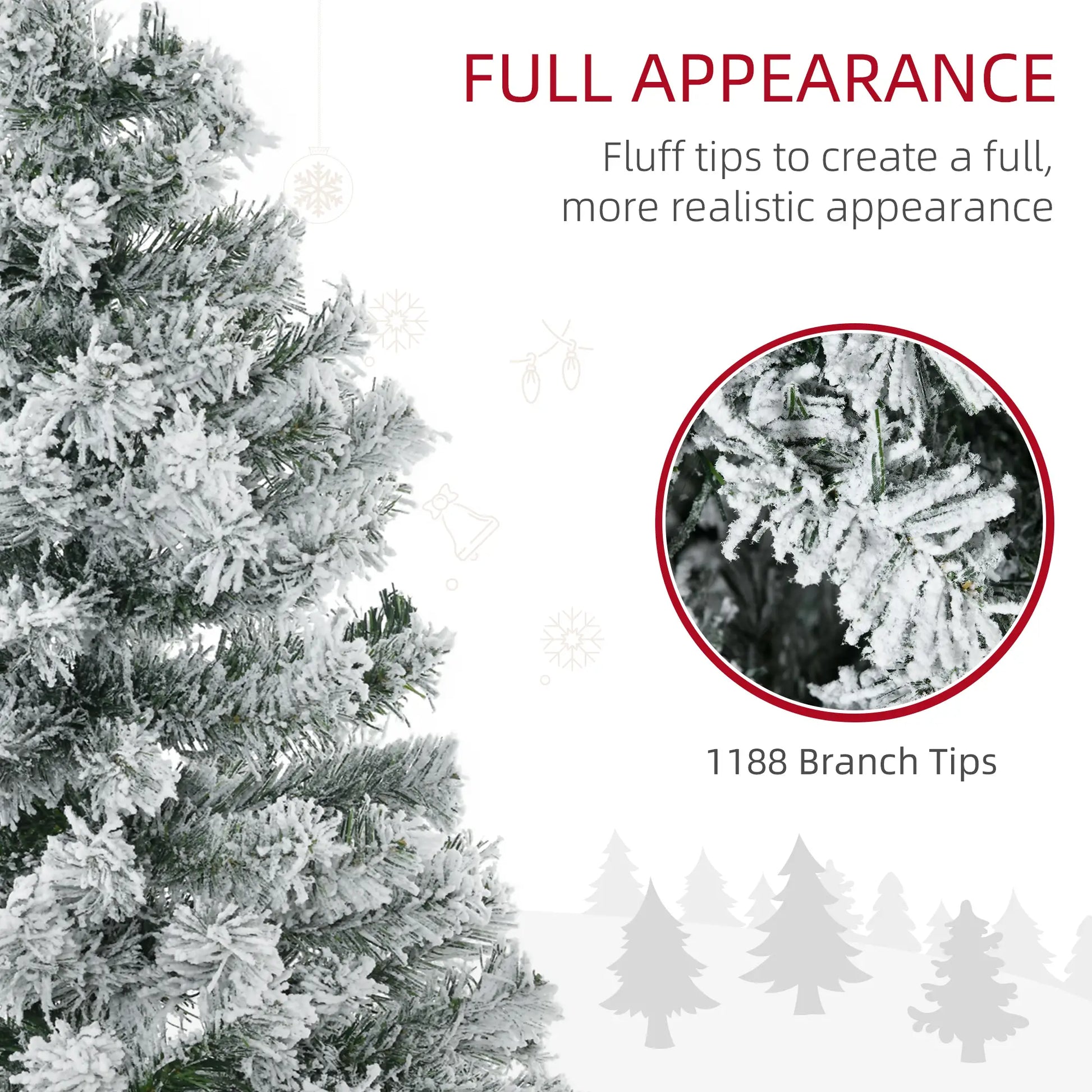 7.5ft Prelit Artificial Christmas Tree, Snow Flocked, Metal Base, Warm White LED Pre Lit Christmas Trees at Gallery Canada