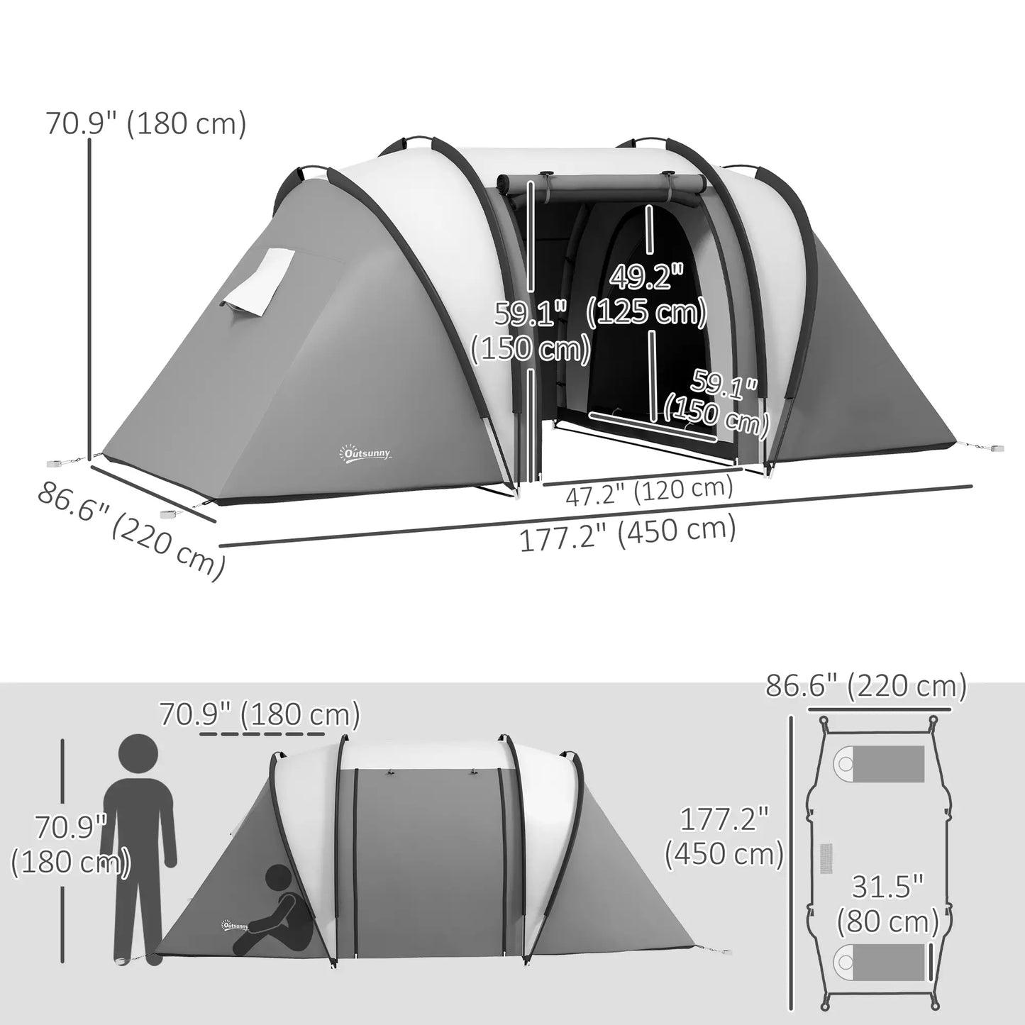 Camping Tent, 2 Bedrooms, Living Area, 3000mm Waterproof, Grey Camping Tents at Gallery Canada