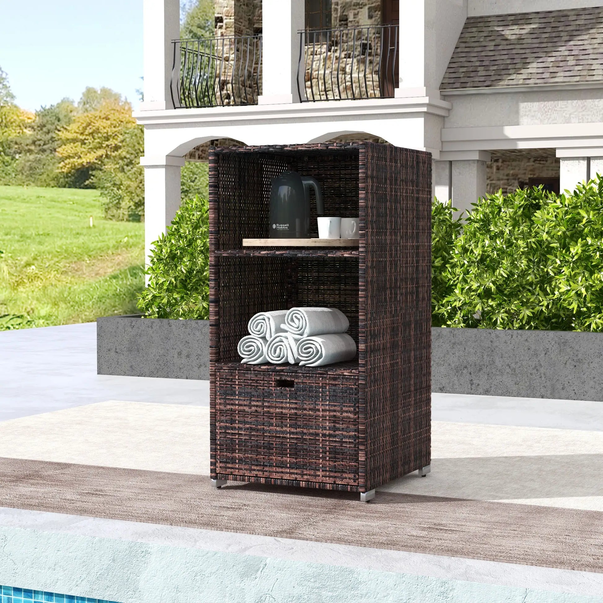 Outdoor Storage Cabinet, Rattan Wicker Pool Towel Organizer, Mixed Brown, Brown Patio Storage Boxes at Gallery Canada