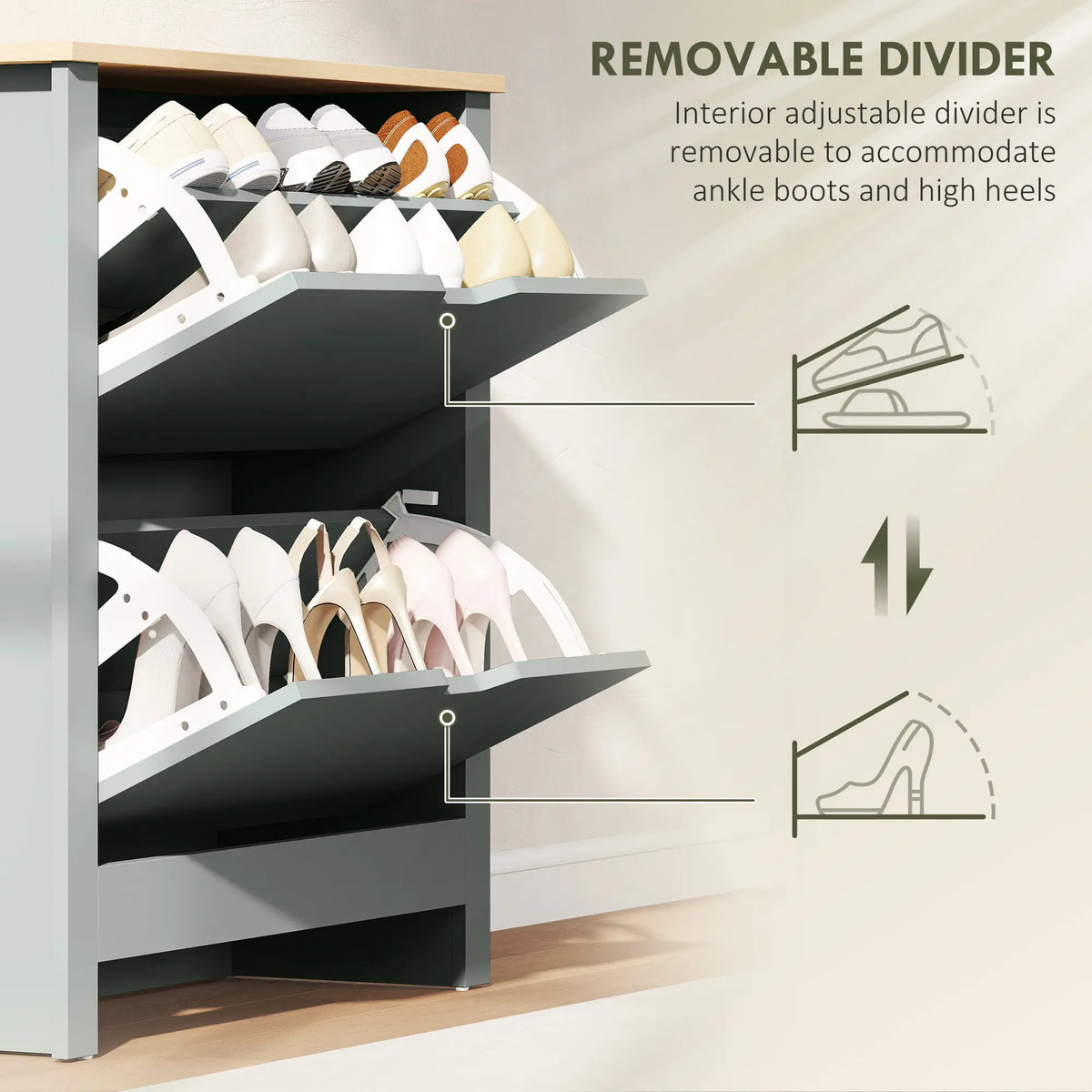 Shoe Storage Cabinet, 2 Flip Drawers, Adjustable Shelves, Light Grey