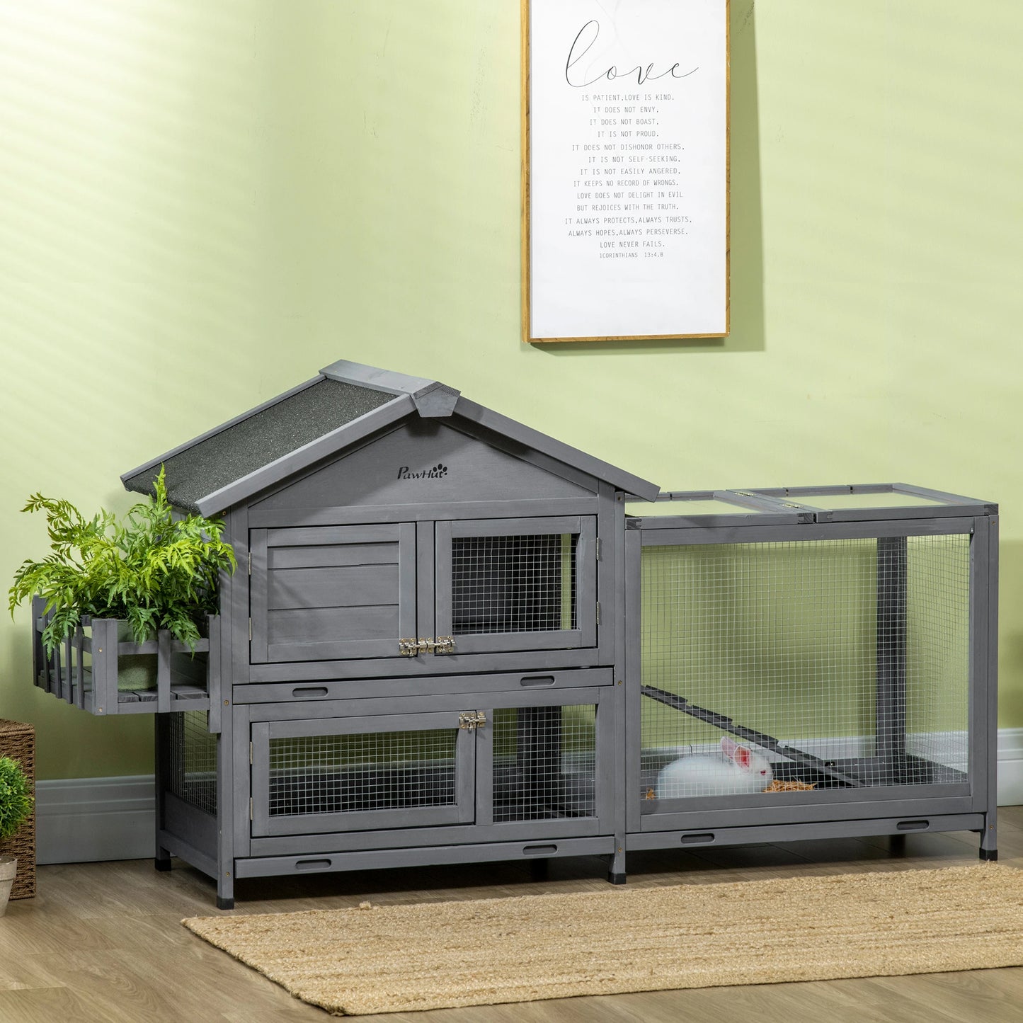 65" Wooden Rabbit Hutch, Openable Roof, Storage Box, Dark Grey Rabbit Hutch at Gallery Canada