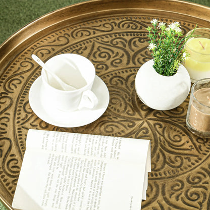 Vintage Coffee Table, 24" Round, Hammered Tray Top, Metal Frame, Gold Coffee Tables at Gallery Canada