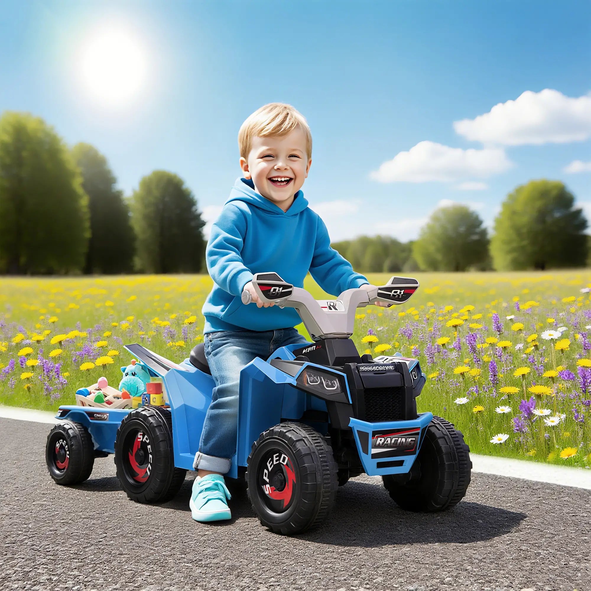 6V Kids ATV Quad, Battery Powered Electric Vehicle with Back Trailer, Wear-Resistant Wheels, Blue Electric Toy Cars at Gallery Canada