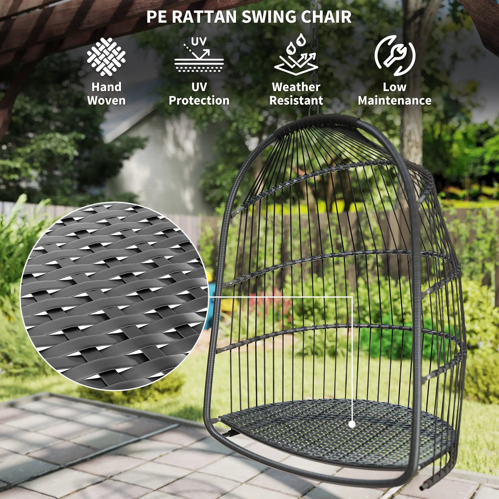Hanging Egg Chair, Foldable Rattan Garden Swing, Dark Grey Patio Chairs at Gallery Canada