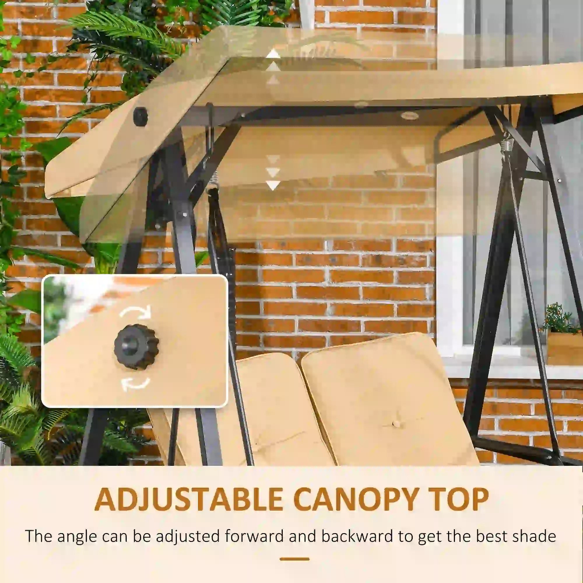 2-Seater Outdoor Porch Swing, Adjustable Canopy, Beige Patio Swings with Stand at Gallery Canada