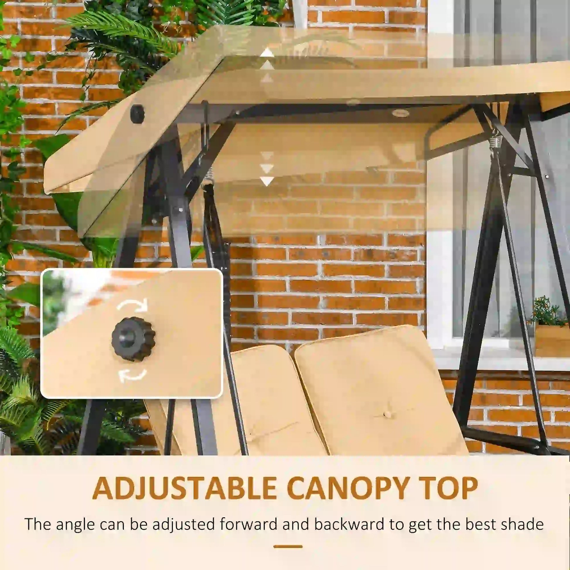 2-Seater Outdoor Porch Swing, Adjustable Canopy, Beige Patio Swings with Stand at Gallery Canada
