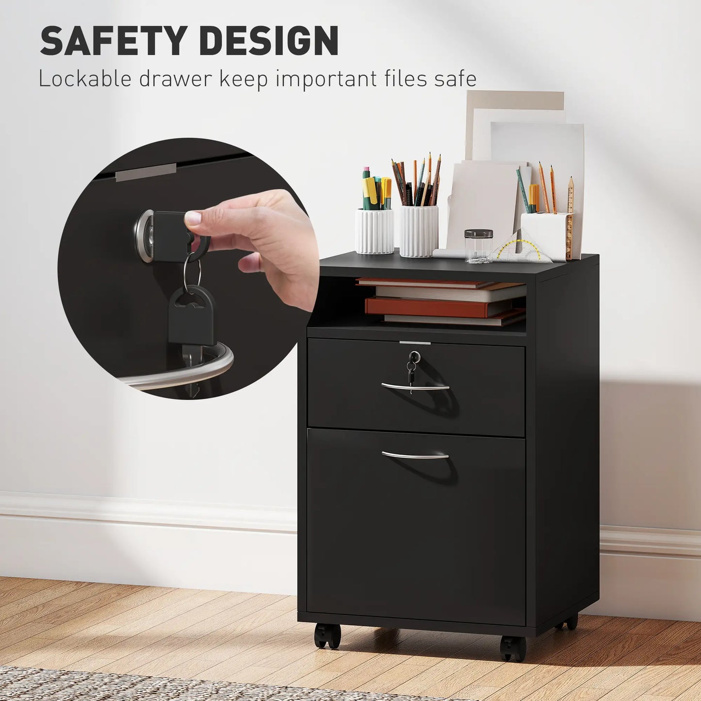 24" Small Filing Cabinet With Compartment, Drawer & Wheels, Black Office Cabinets & Cupboards at Gallery Canada