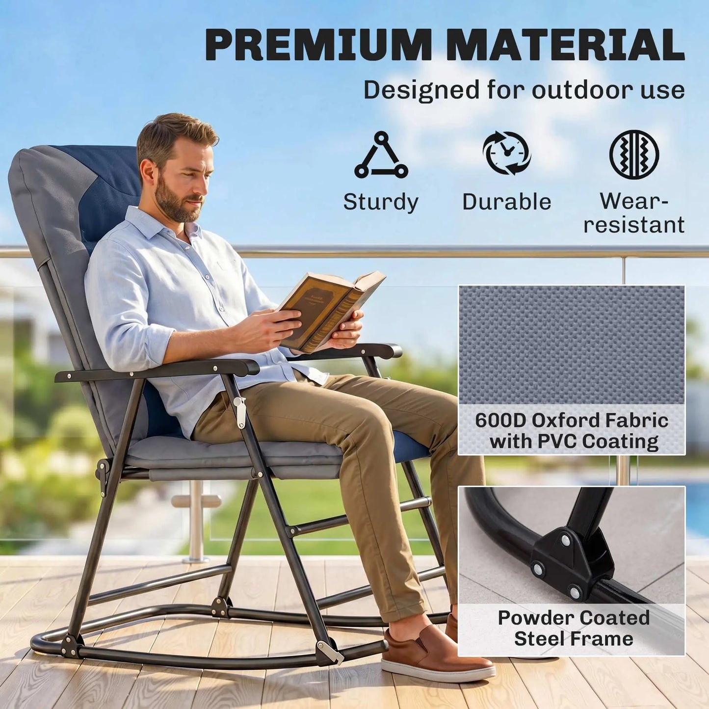 Folding Rocking Chair Set, 2 Padded Rockers with Armrest, Navy Blue Outdoor Rocking Chairs at Gallery Canada