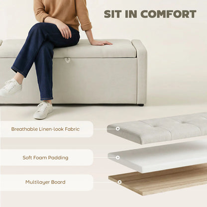 Storage Ottoman Bench, Linen Fabric, Wide Padded Seat, Cream White Storage Ottomans & Benches at Gallery Canada