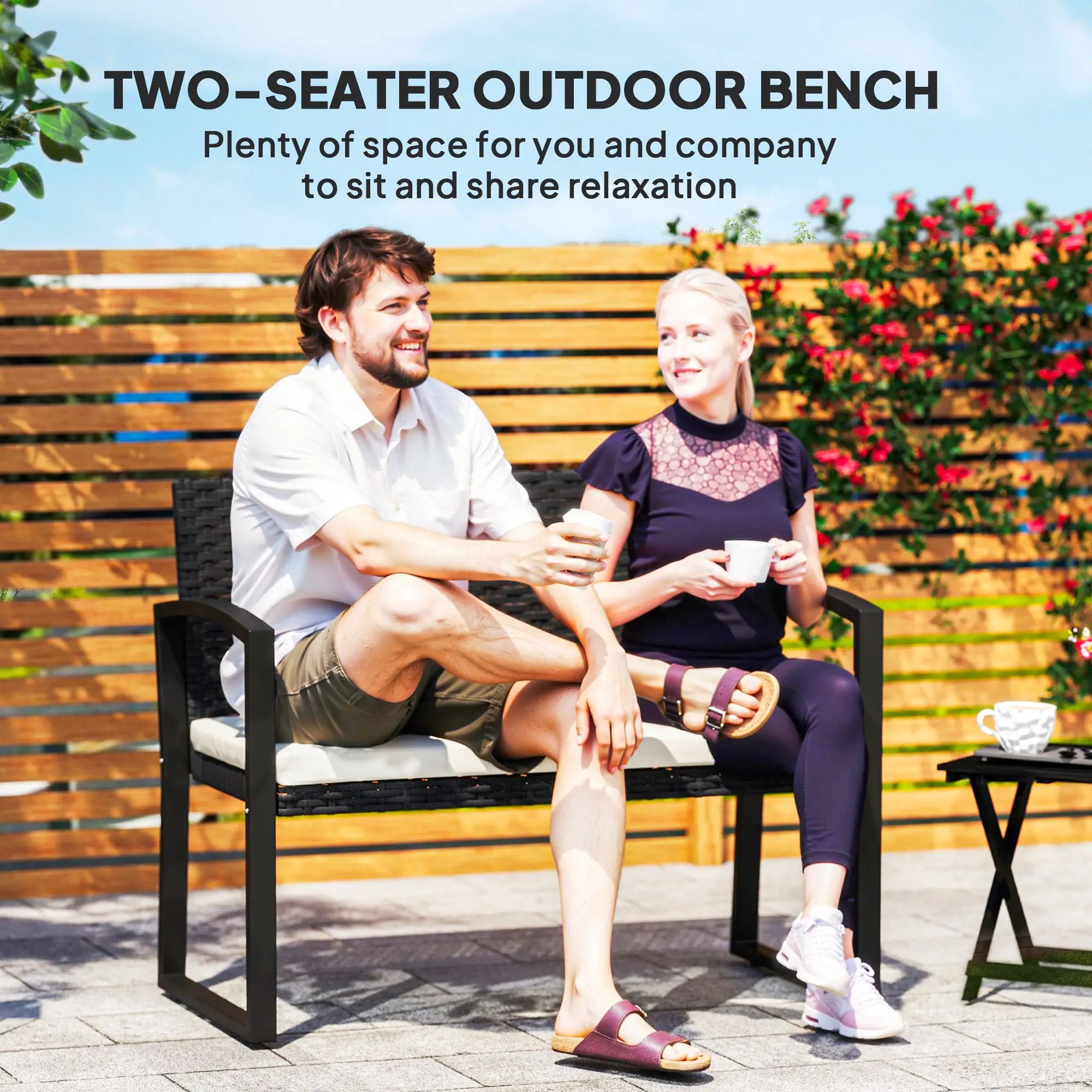 2 Seater Rattan Garden Bench Loveseat, With Cushion And Armrests, Beige Patio Chairs at Gallery Canada
