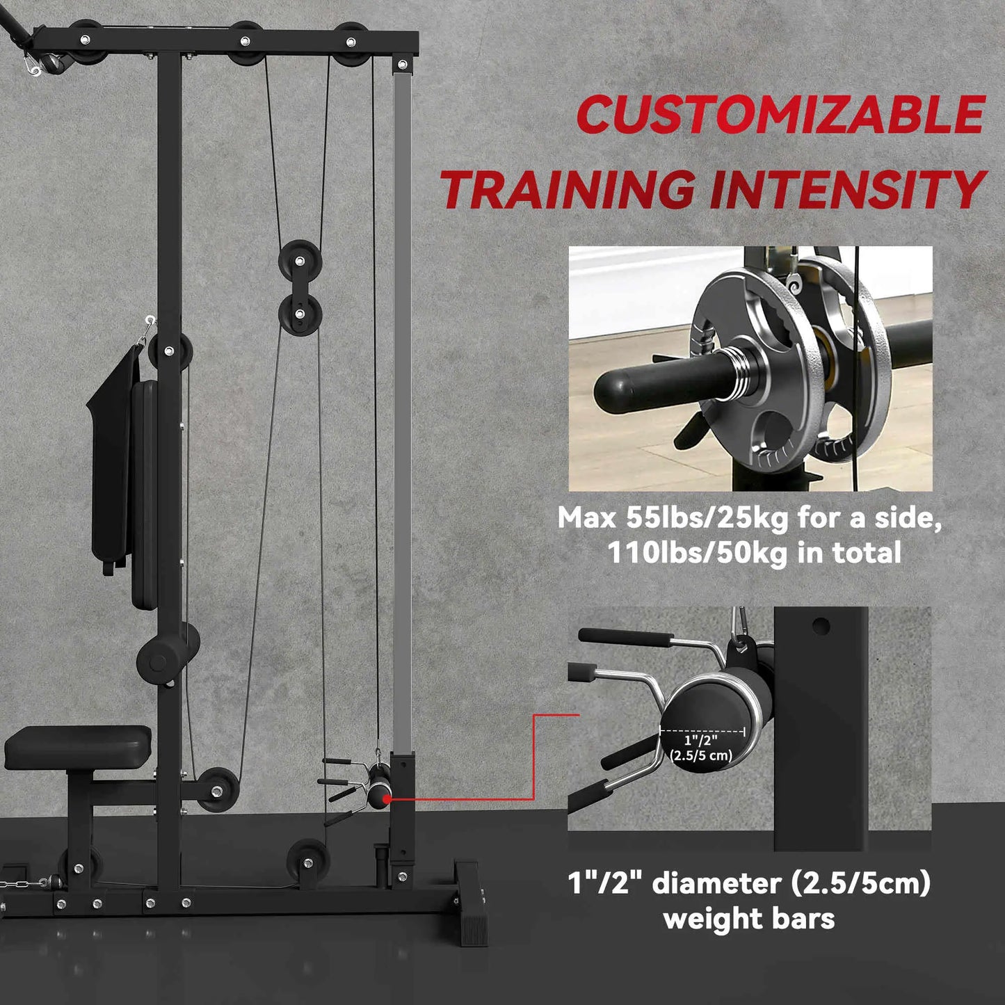 Lat Pull Down Machine, High Low Pulley, Adjustable Seat, Flip-Up Footplate, Black Power Towers at Gallery Canada