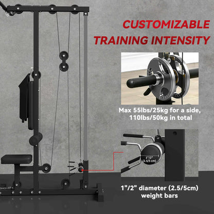 Lat Pull Down Machine, High Low Pulley, Adjustable Seat, Flip-Up Footplate, Black Power Towers at Gallery Canada