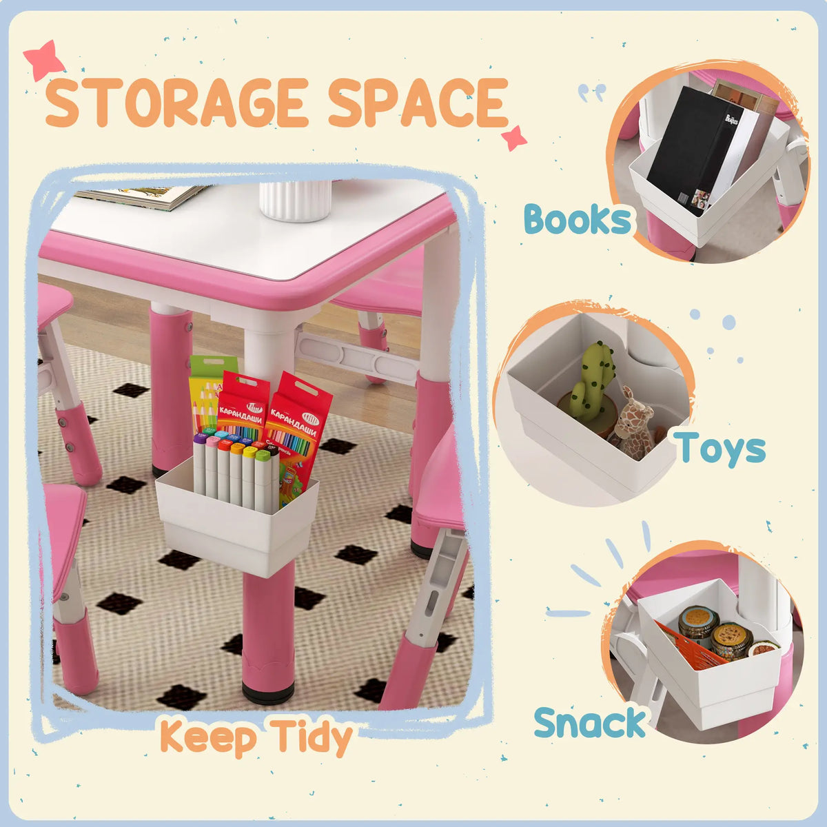 5 Pc Toddler Table and Chair Set, Adjustable Height, Pink Kids Table Sets at Gallery Canada