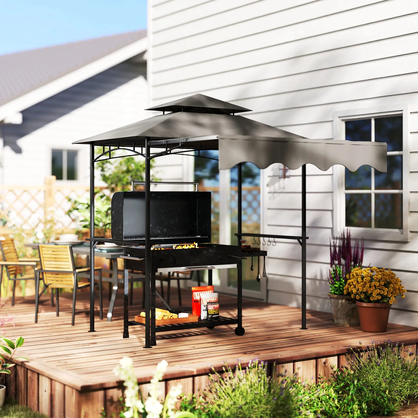 8' x 5' Grill Gazebo, Double Tiered Barbecue Shelter, Dark Grey BBQ Grill Gazebos at Gallery Canada