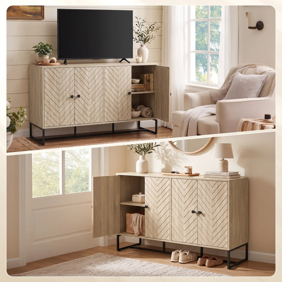 Sideboard Buffet Cabinet, 2 Adjustable Shelves, Steel Base, Oak Storage Cabinets at Gallery Canada