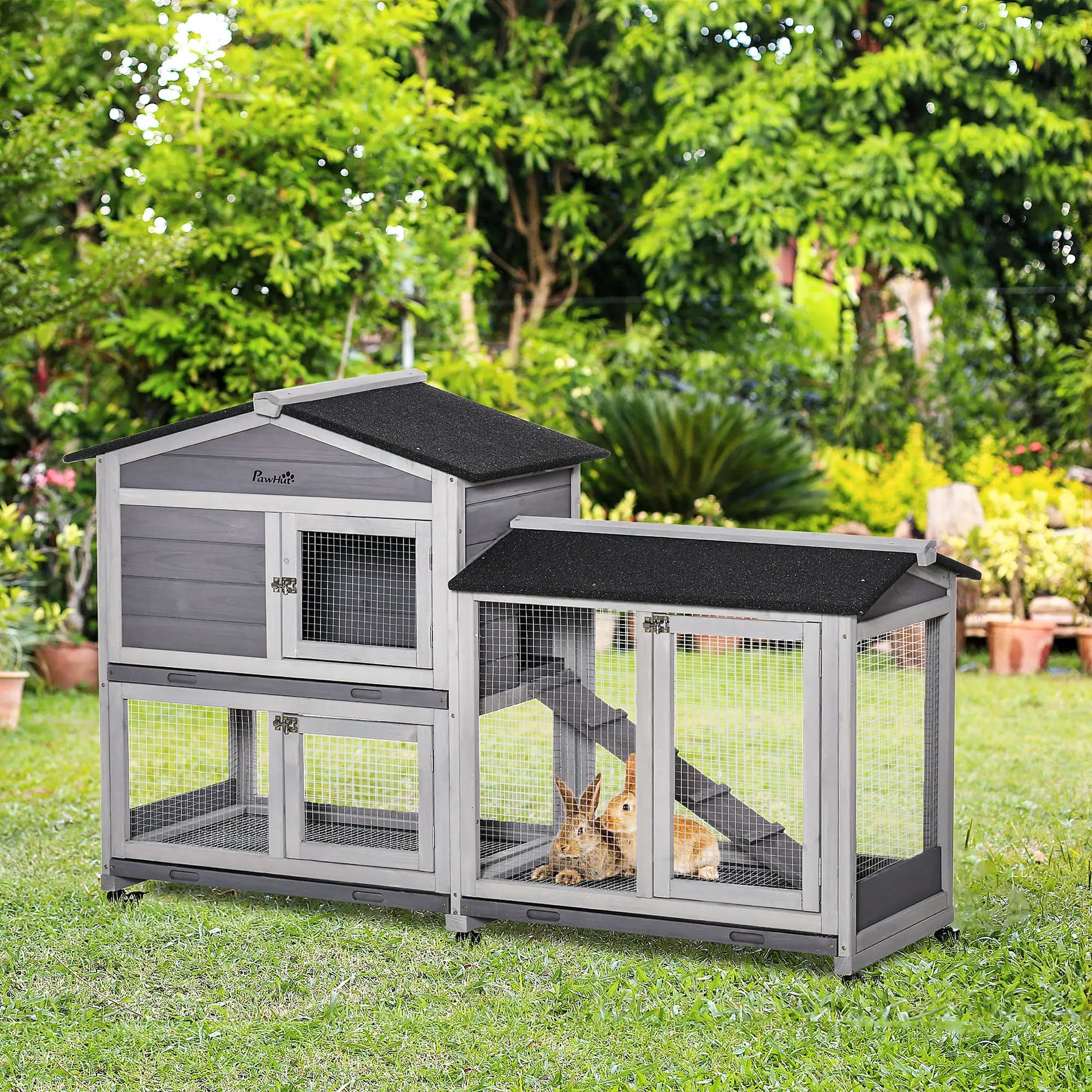 62" Wooden Rabbit Hutch with Wheels, Run Box, Tray, Ramp, Light Grey Rabbit Hutch at Gallery Canada