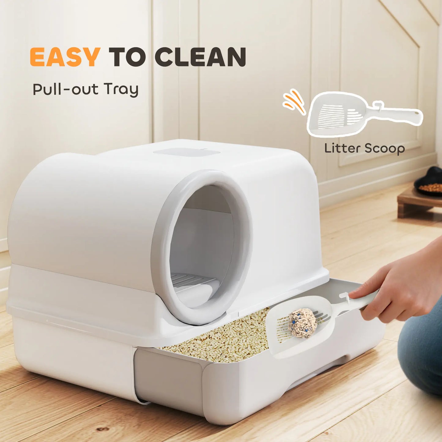 Hooded Cat Litter Box, Easy Clean Drawer, Odor Control, White Grey Cat Litter Box Enclosures at Gallery Canada