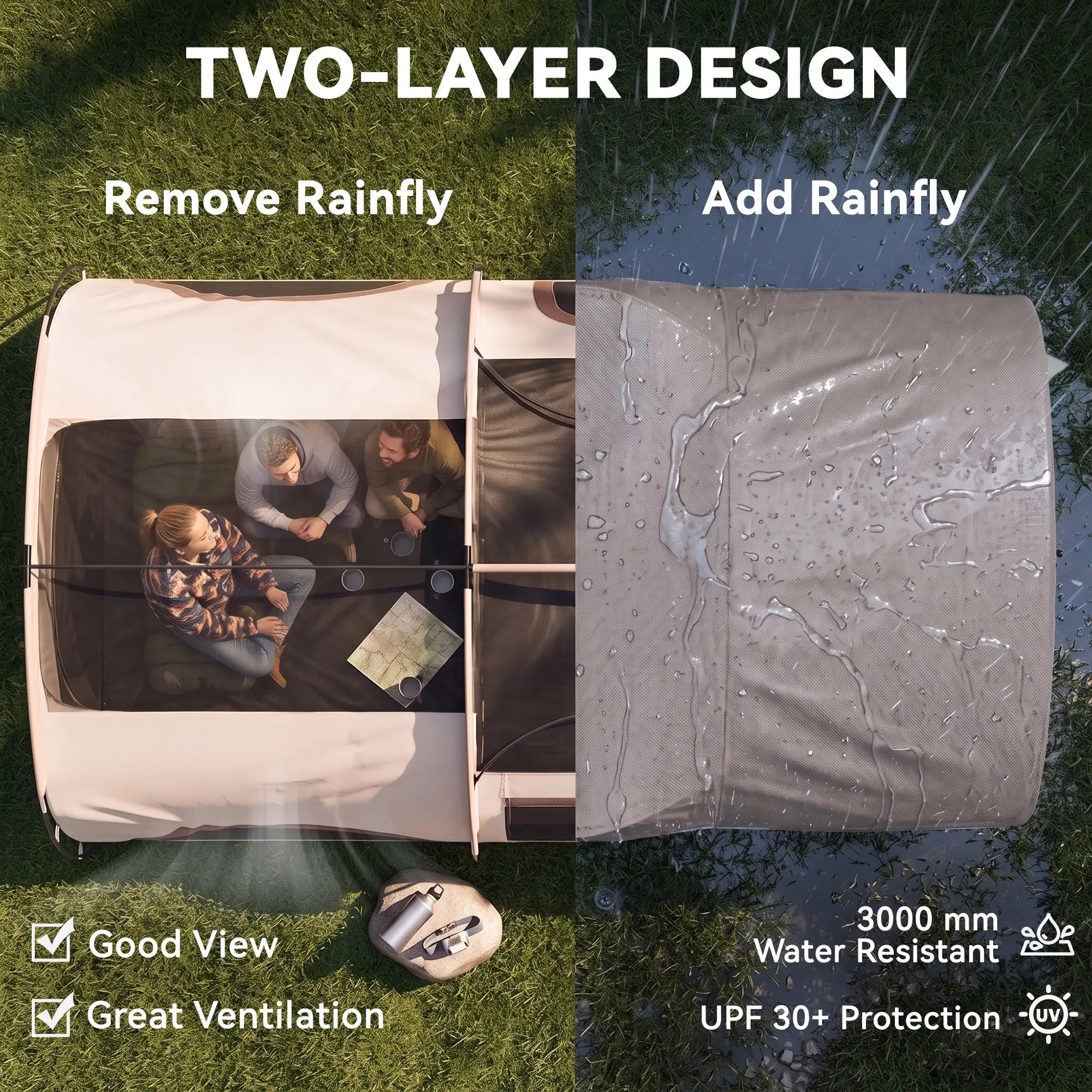 4-6 Person Camping Tent, 3 Room, 3000mm Waterproof, UPF30+, Khaki Camping Tents at Gallery Canada
