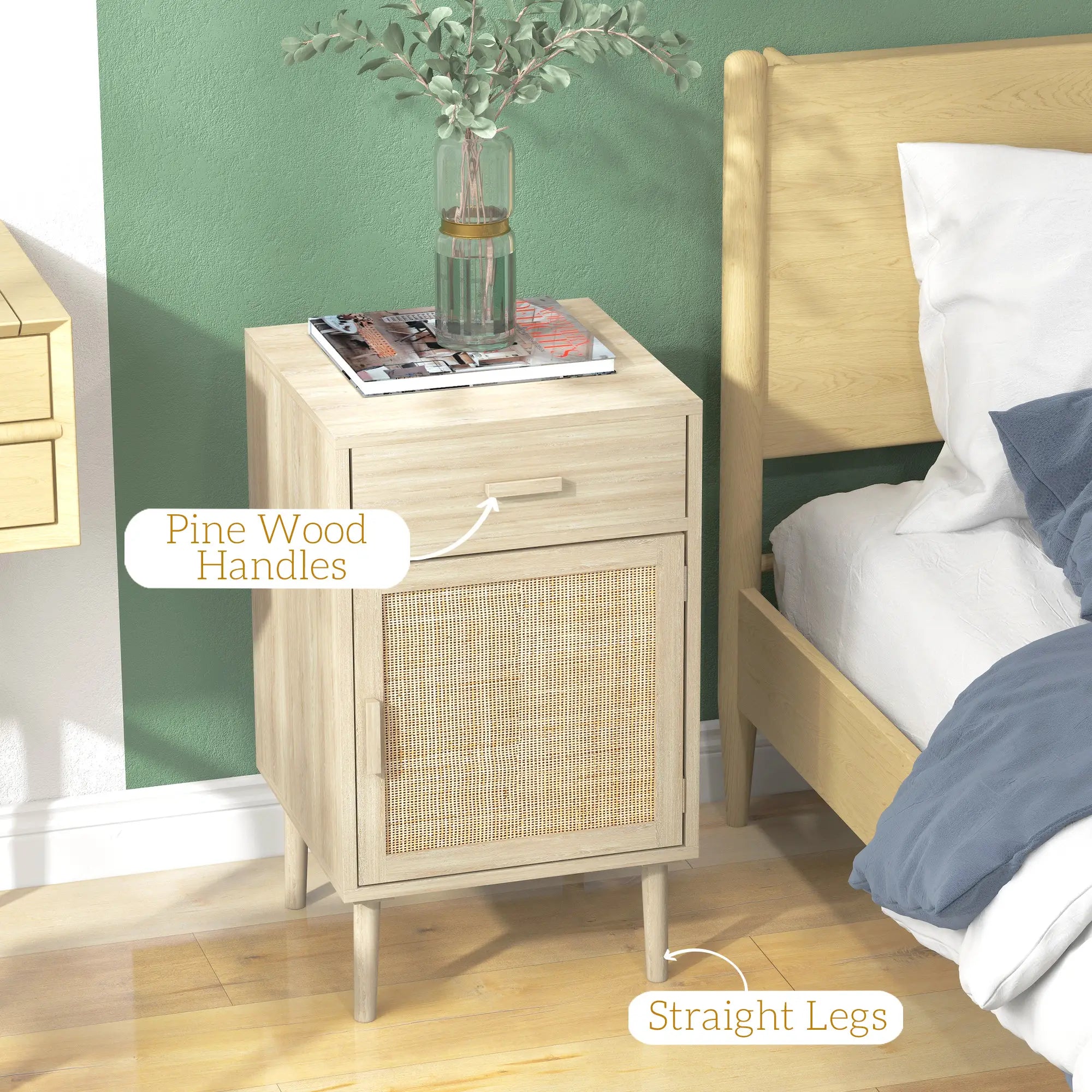 Boho Bedside Tables Set of 2, Nightstands with Drawer, Rattan Cabinet, Oak Bedside Tables at Gallery Canada