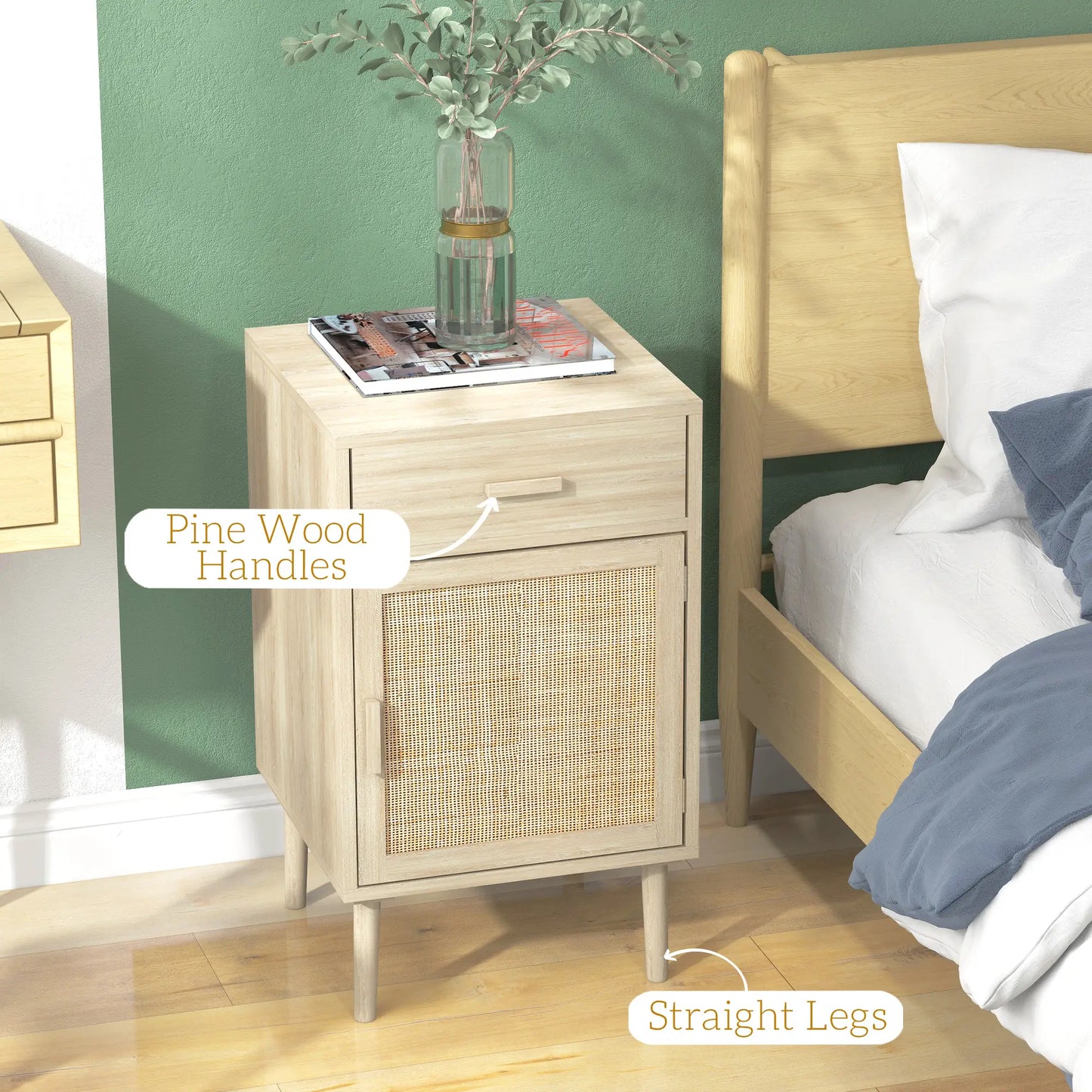 Boho Bedside Tables Set of 2, Nightstands with Drawer, Rattan Cabinet, Oak Bedside Tables at Gallery Canada