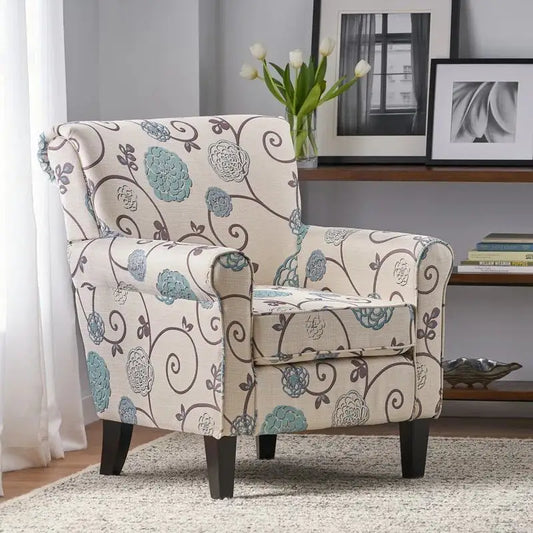 Fabric Club Chair, Birch Wood Legs, 32" L x 34" W x 37.5" H, White+Blue Accent Chairs White, Blue at Gallery Canada