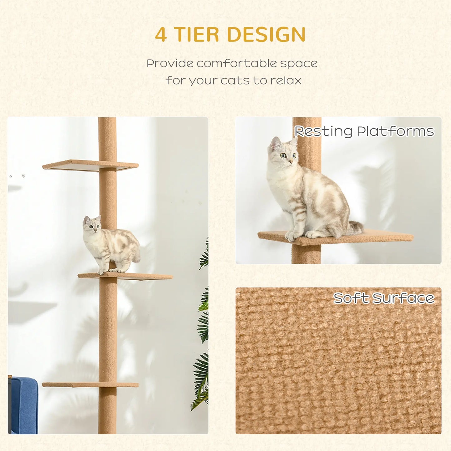 100" Floor To Ceiling Cat Tree, 3 Perches, Activity Center, Light Brown Floor to Ceiling Cat Trees at Gallery Canada