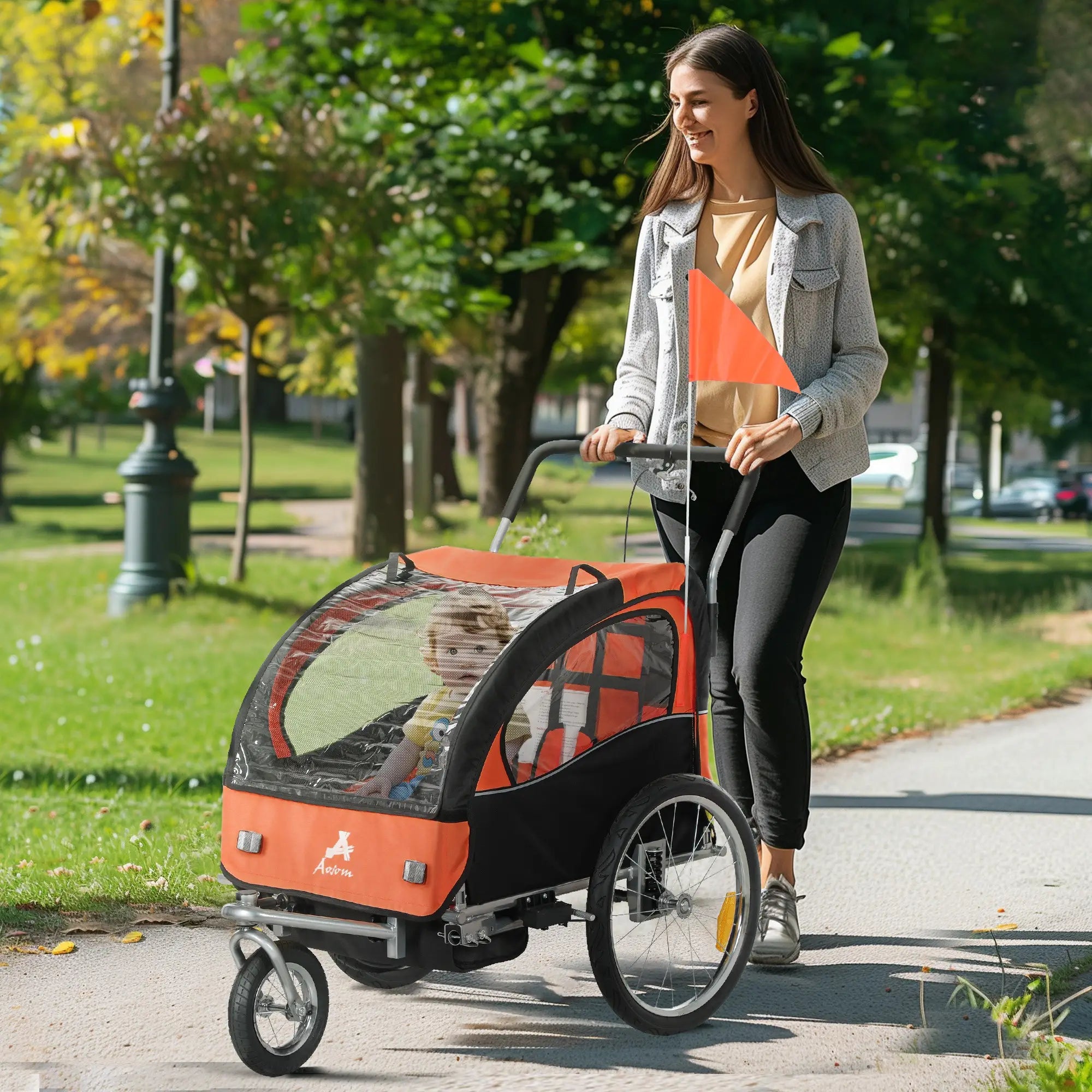 2-in-1 Bike Trailer for Kids, Foldable 2-Seat Baby Stroller with 5-Point Harness, Rubber Wheels, Storage Bag, Orange Kids Bike Trailers at Gallery Canada