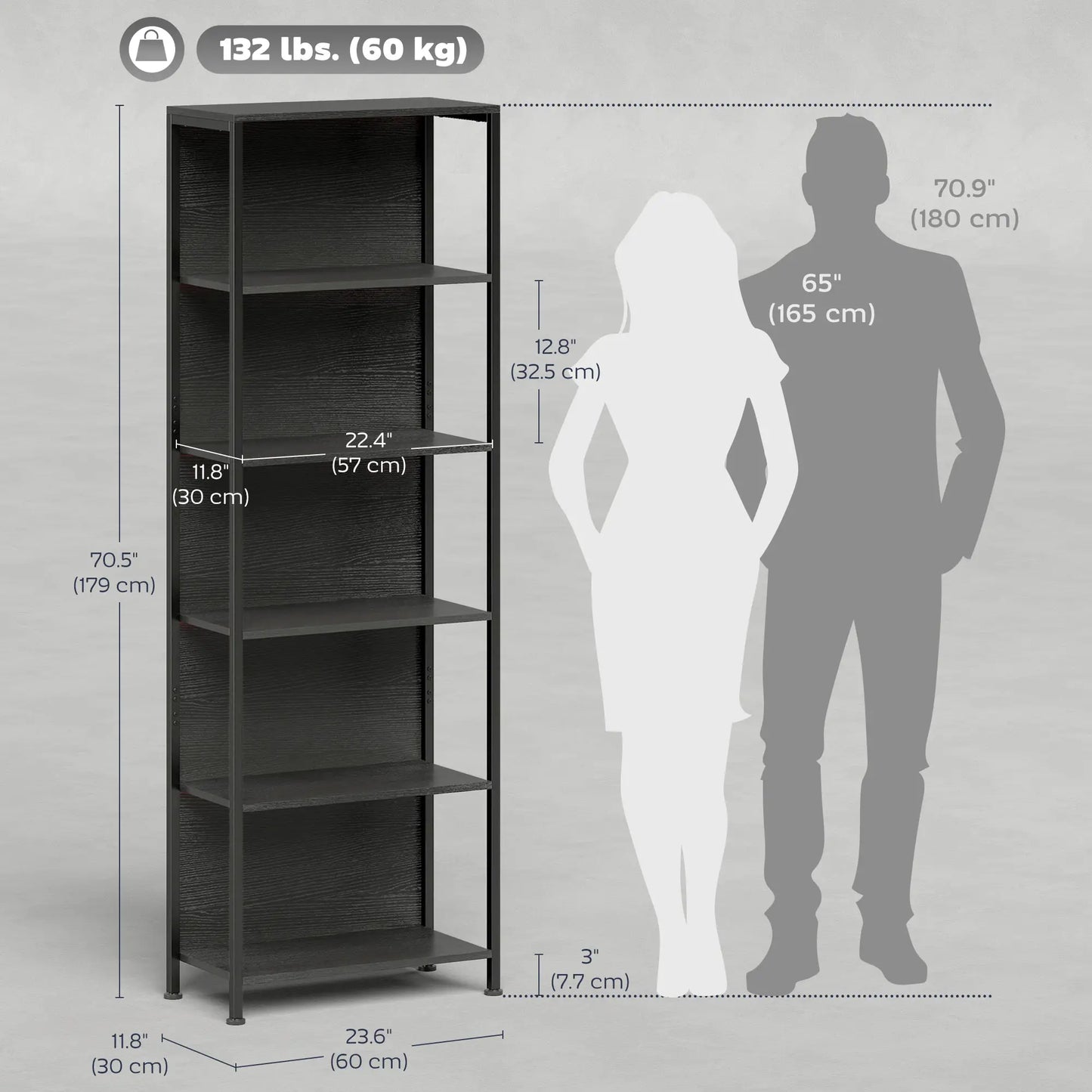 5-Tier Bookshelf With LED Lights, Metal Frame, Black