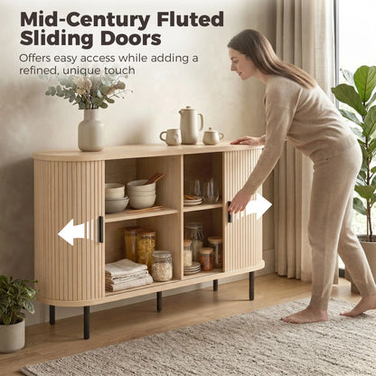 Mid Century Fluted Buffet Cabinet With Sliding Doors, 55", Natural