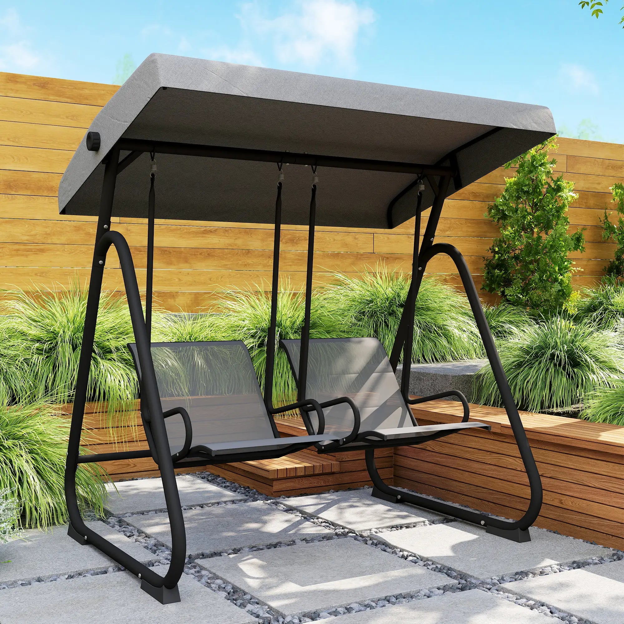 Patio Swing Chair w/Adjustable Canopy Outdoor Porch Swing Glider w/Dual Independent Seats 2-Seat Grey Patio Swings with Stand at Gallery Canada