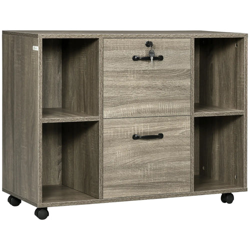 Lateral Filing Cabinet with Wheels, Lockable Drawer, Open Shelves, Grey
