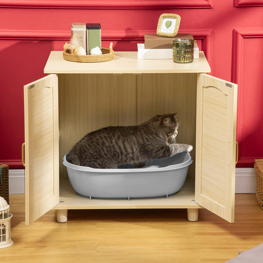 Cat Litter Box Enclosure with Soft Cushion, Indoor Cat Washroom Storage Bench End Table with PE Rattan Trim, Magnetic Doors, Easy Assembly, Oak - Gallery Canada