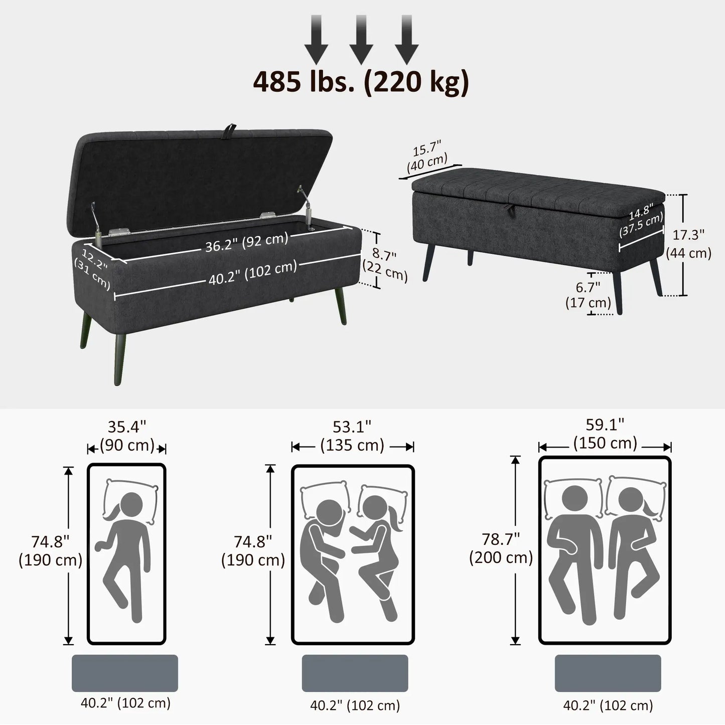 40" Ottoman with Storage, Linen Upholstered Bench, Dark Grey