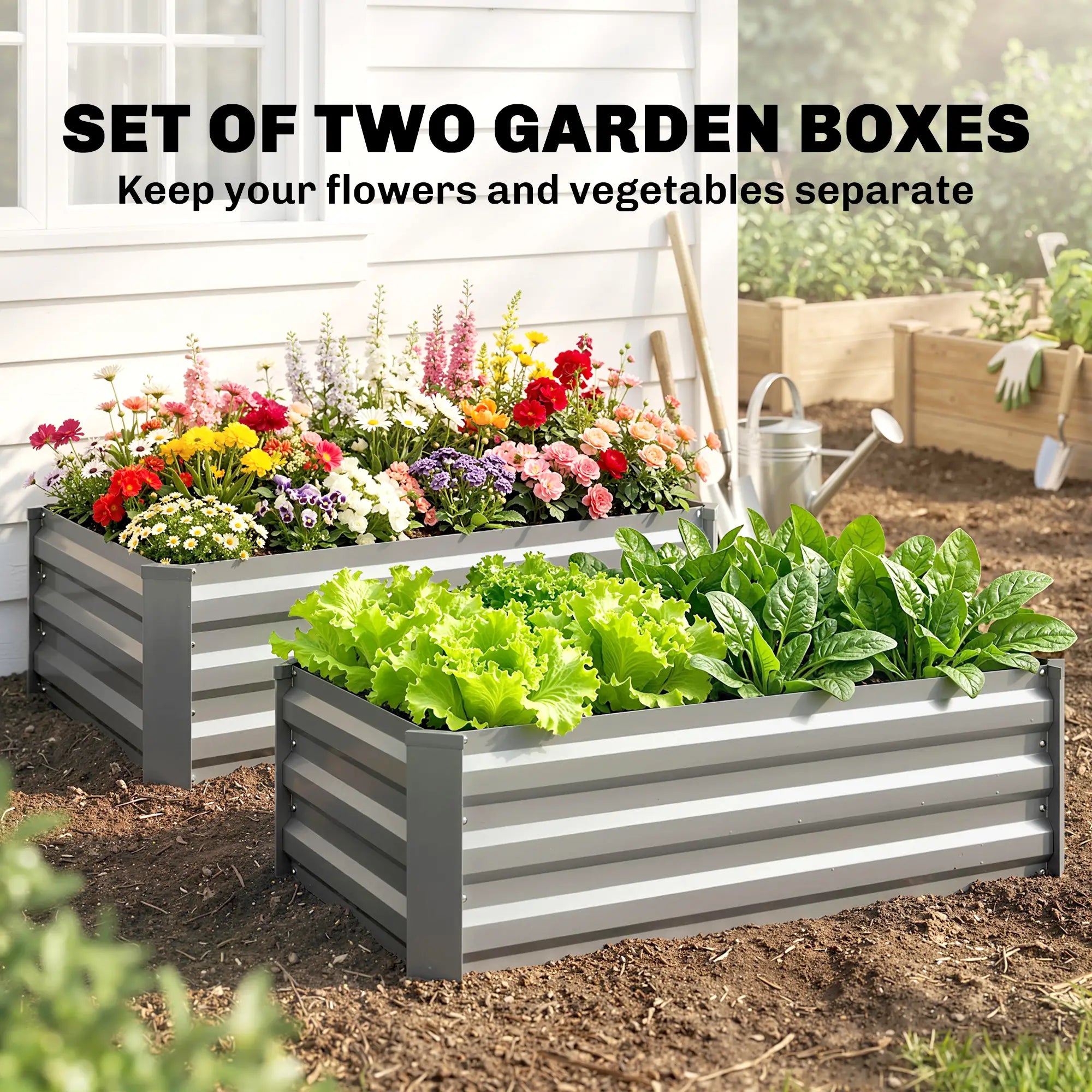 Set of 2 Galvanized Raised Garden Beds, Outdoor Planter Box, Light Grey Raised Garden Beds at Gallery Canada