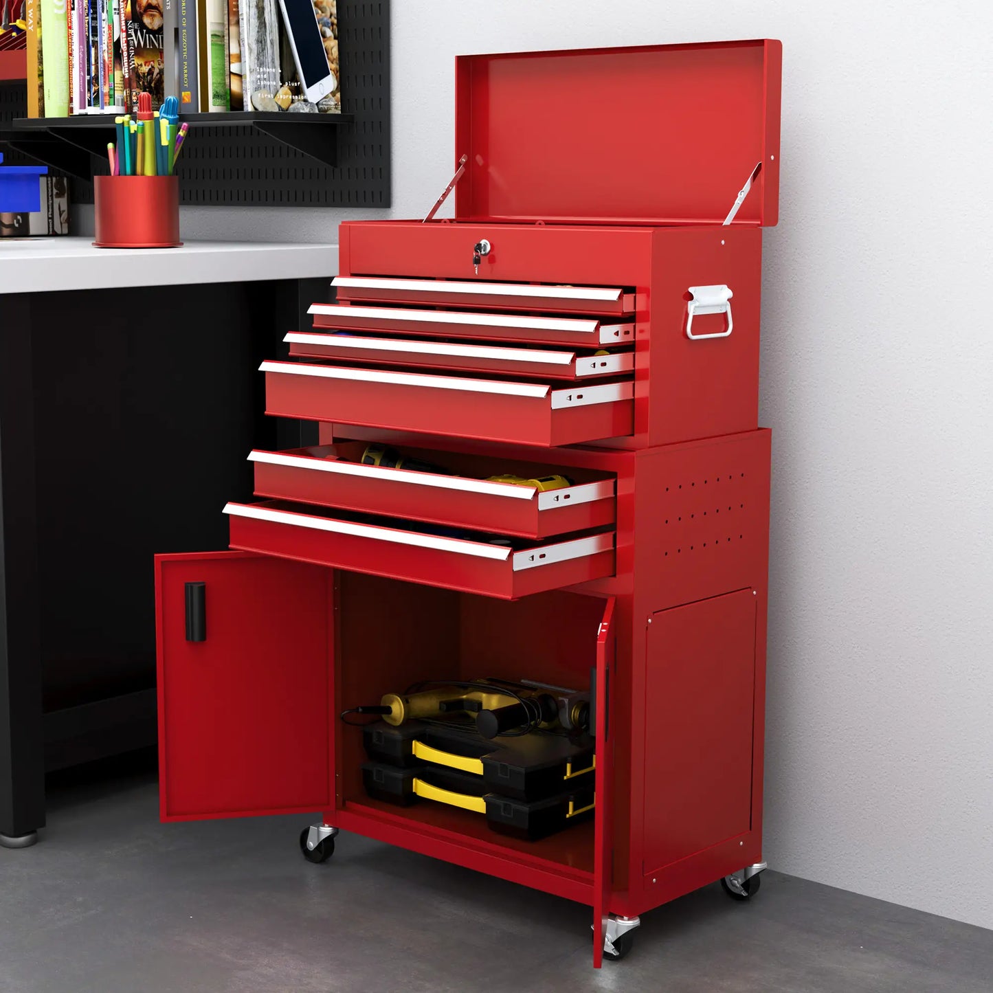 6-Drawer Rolling Tool Chest, 2 in 1 Lockable Storage Cabinet, Red Tool Organizers at Gallery Canada