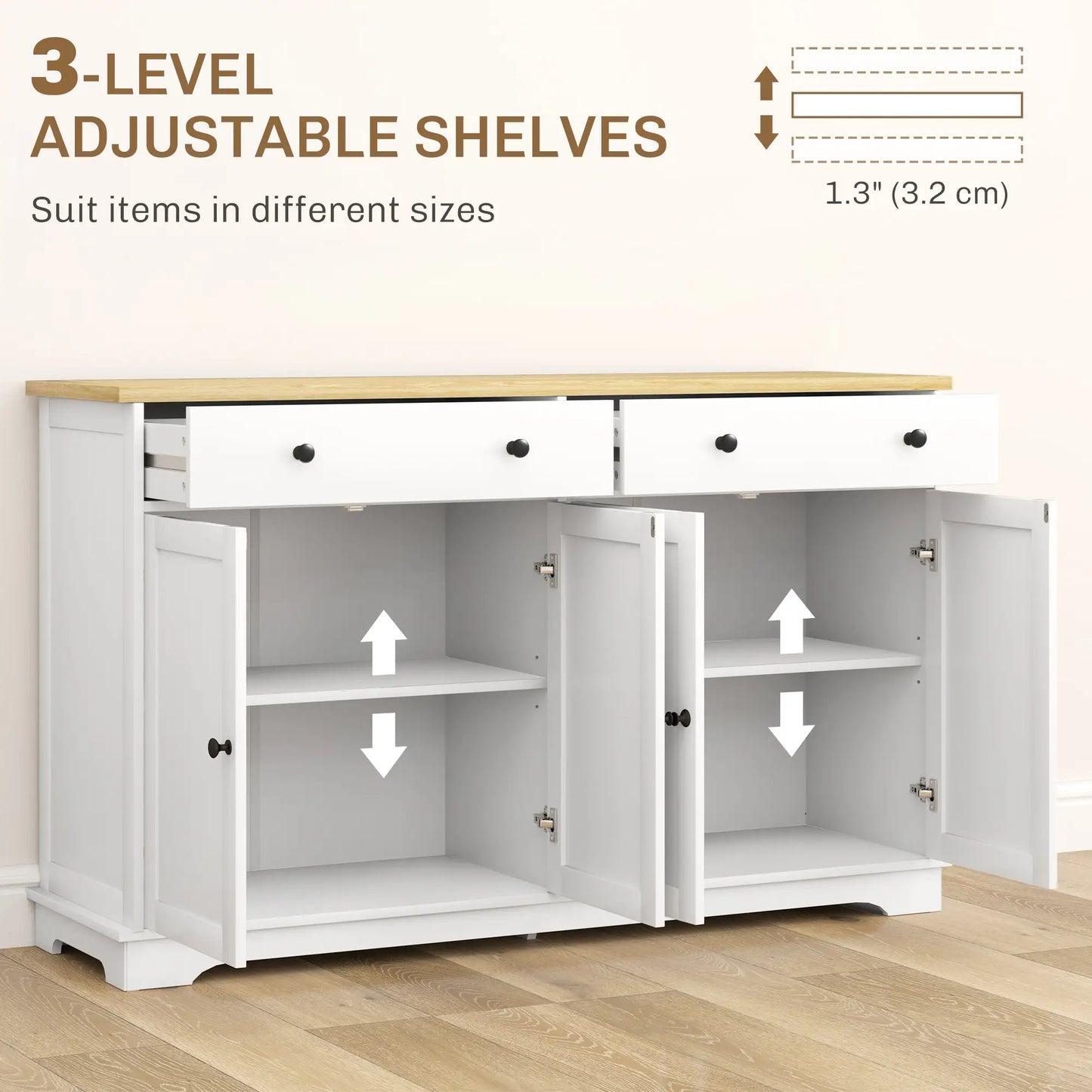 Modern Sideboard, Buffet Cabinet with Drawers, Adjustable Shelves, White Storage Cabinets at Gallery Canada