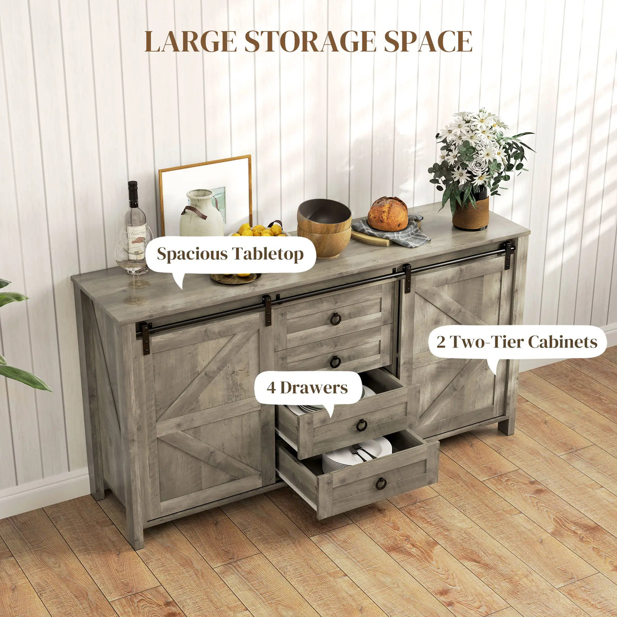 60" Buffet Cabinet, Farmhouse Sideboard, Sliding Barn Doors, Light Grey Bar Cabinets at Gallery Canada