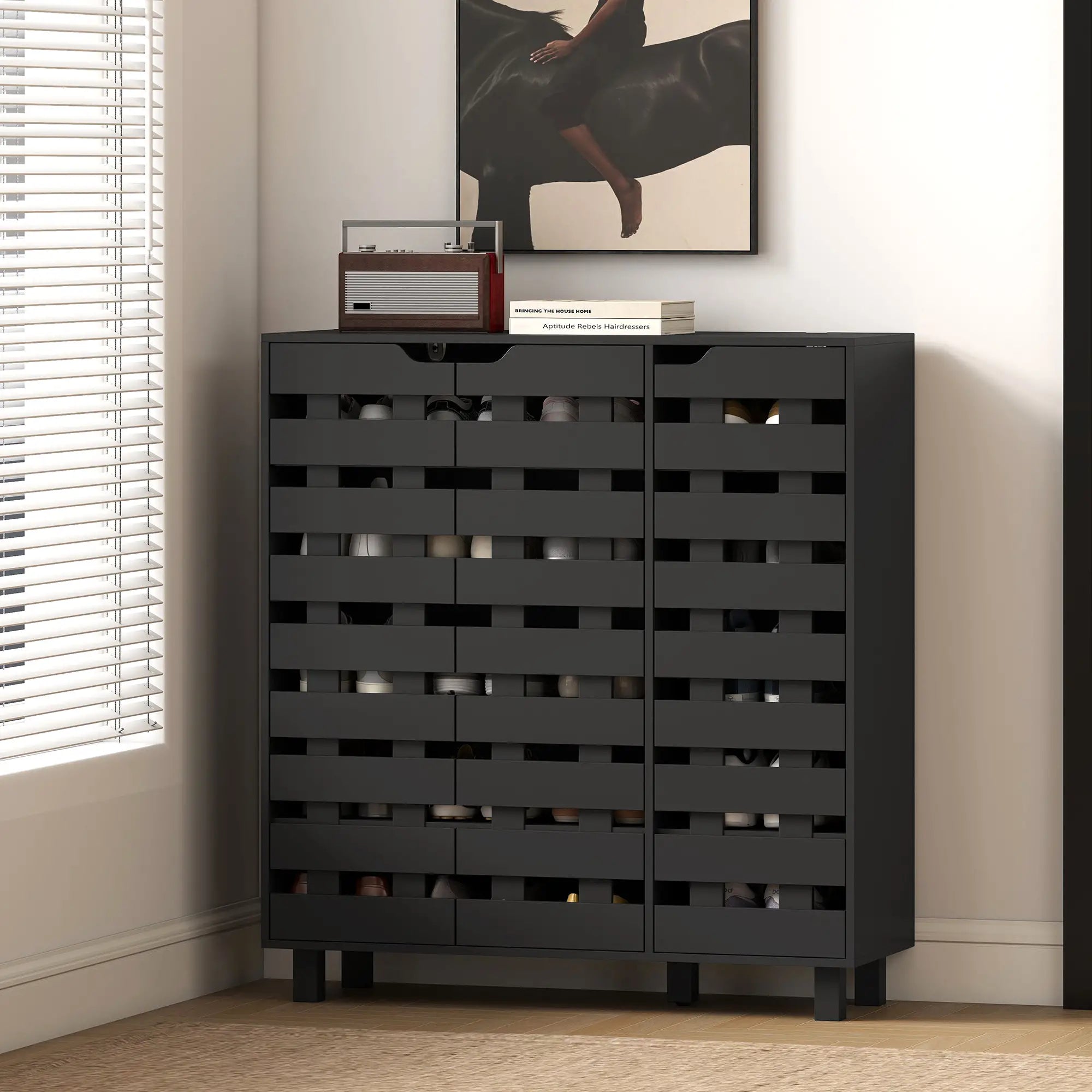 Shoe Cabinet, 20 Pair Storage with Hollowed-Out Doors, Black Shoe Storage Cabinets & Racks at Gallery Canada