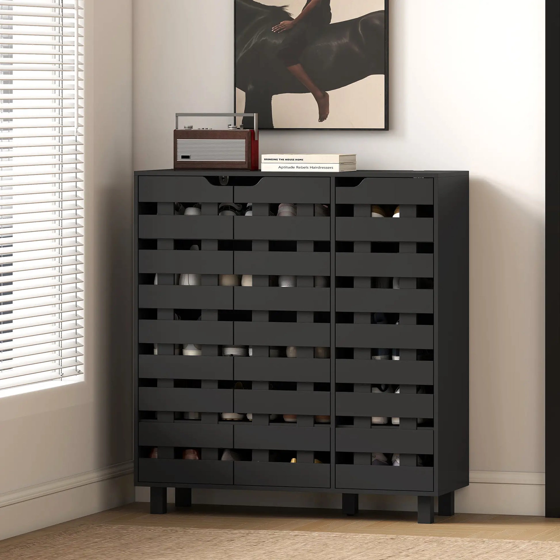 Shoe Cabinet, 20 Pair Storage with Hollowed-Out Doors, Black Shoe Storage Cabinets & Racks at Gallery Canada